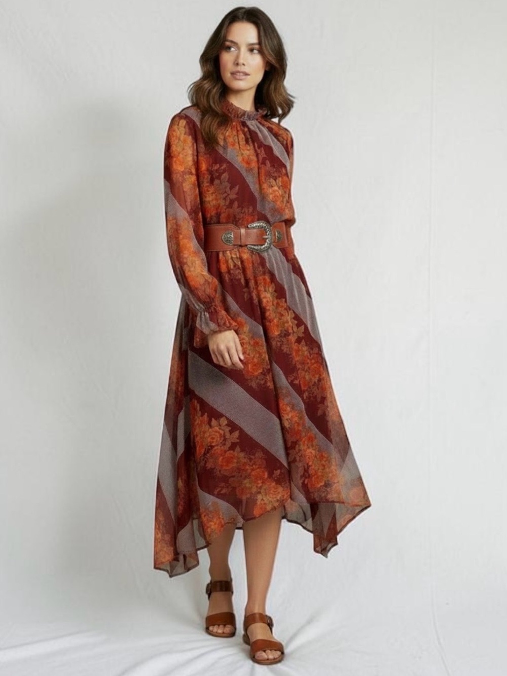 NWT Soft Surroundings Woodland Manor Dress S Rosy Brown Floral Boho Handkerchief